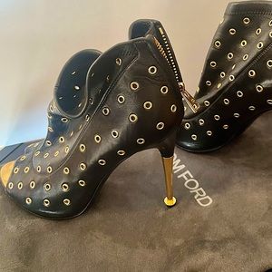 Tom Ford Peep-Toe Grommet 37 1/2. 3” heel, soft leather ankle booties with gold.